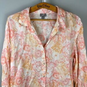 J. Jill Linen Shirt Top Womens XL White Pink Orange Floral Button Up Long Sleeve